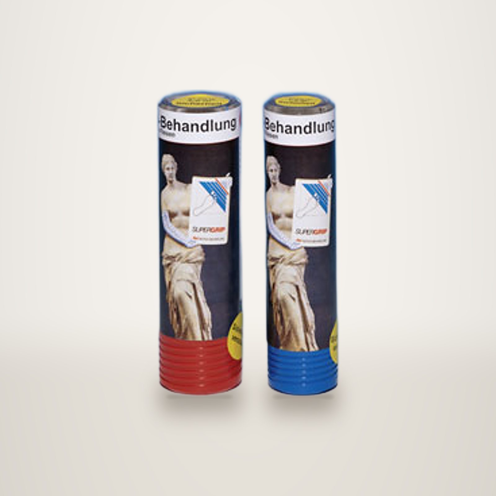 Zwei zylindrische Supergrip-Tuben mit antiker Statue, eine mit roter, eine mit blauer Basis